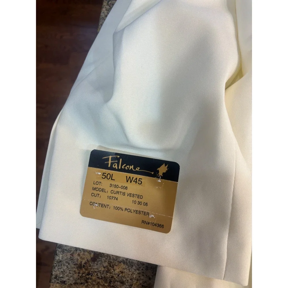 3 Piece Falcone Curtis Vested Suit 50L W45 Ivory‎ Polyester Formal Mens Raw Hem